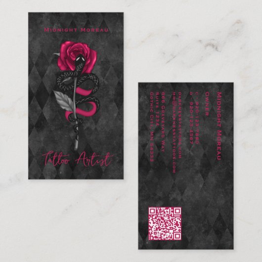 Tattoo Artiest Snake Pink Rose QR Code Visitekaartje (Voorkant / Achterkant)