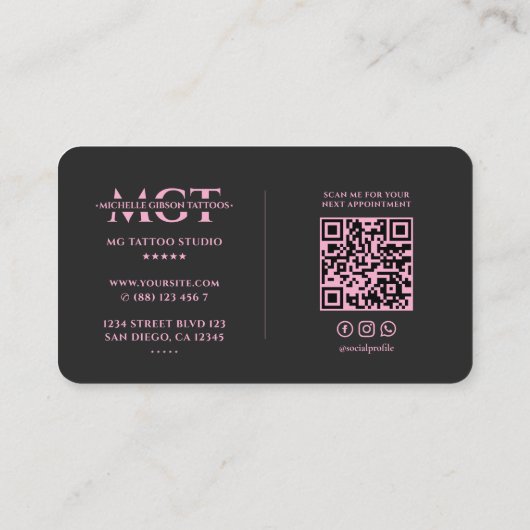 Tattoo Artiest Zwart Roze Tatoeëerder Monogram Visitekaartje (Achterkant)