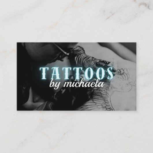 Tattoo Artist Custom Photo Blue Neon Visitekaartje (Voorkant)