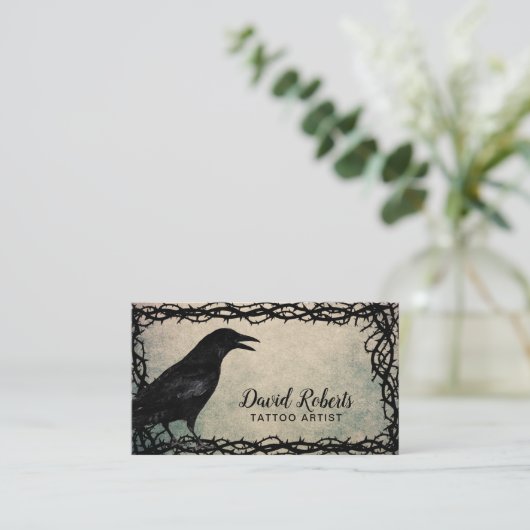 Tattoo Artist Gothic Crow Thorn Lijst Grunge Visitekaartje (Staand voorkant)
