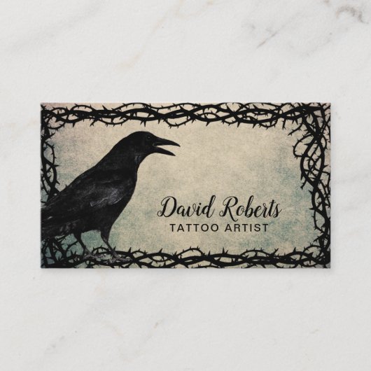 Tattoo Artist Gothic Crow Thorn Lijst Grunge Visitekaartje (Voorkant)