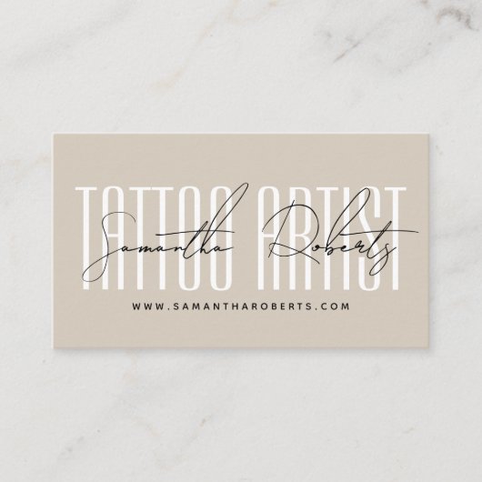 Tattoo artist modern typography script beige visitekaartje (Voorkant)