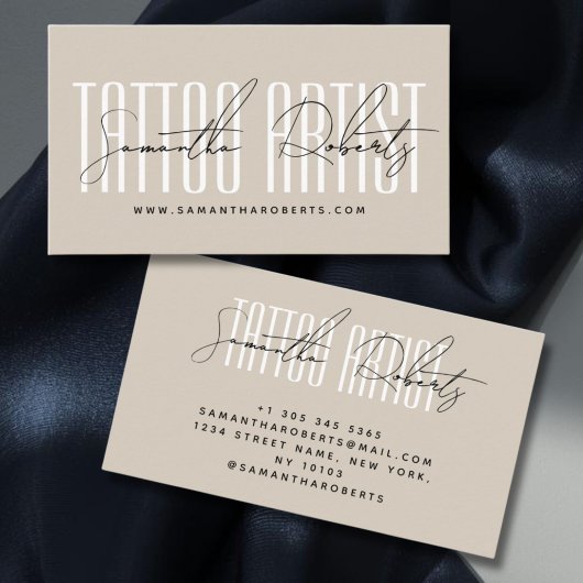 Tattoo artist modern typography script beige visitekaartje