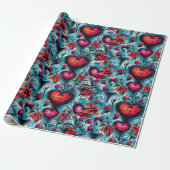 Tattoo Blue Hearts Thema Cadeaupapier (Uitgerold)