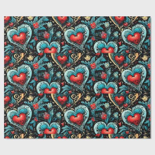 Tattoo Blue Red Hearts Theme Cadeaupapier (Vlak)