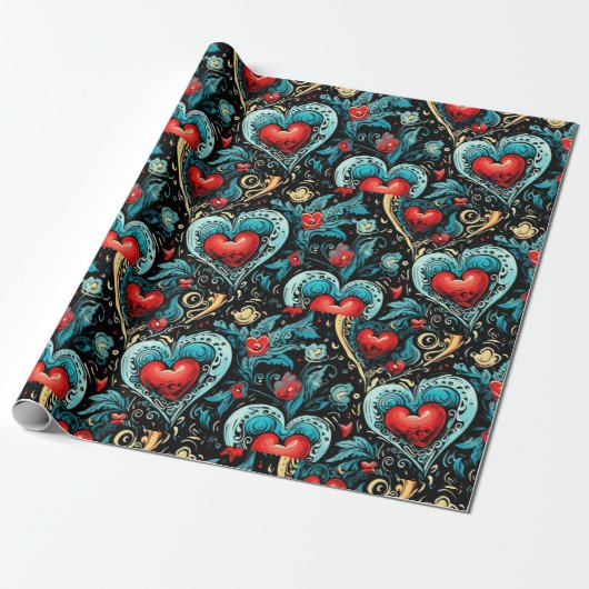 Tattoo Blue Red Hearts Theme Cadeaupapier (Uitgerold)
