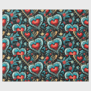 Tattoo Blue Red Hearts Theme Cadeaupapier