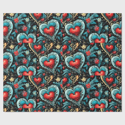 Tattoo Blue Red Hearts Theme Cadeaupapier (Zoom)
