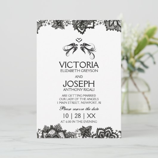 Tattoo bruiloft uitnodigen ~ Black Birds & Lace Kaart (Staand voorkant)