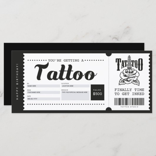 Tattoo Cadeaubon Kaart Ticket Voucher Certificate (Voorkant / Achterkant)