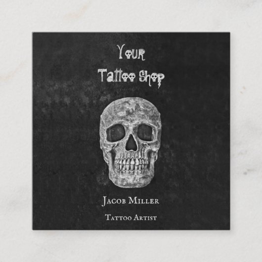 Tattoo: Gothic Black en White Skull Head Vierkante Visitekaartje (Voorkant)