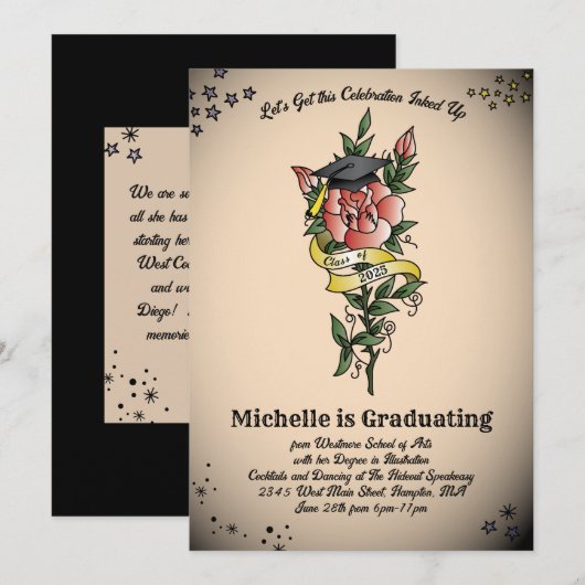 Tattoo Graduation Party  Retro Roos Kaart (Voorkant / Achterkant)