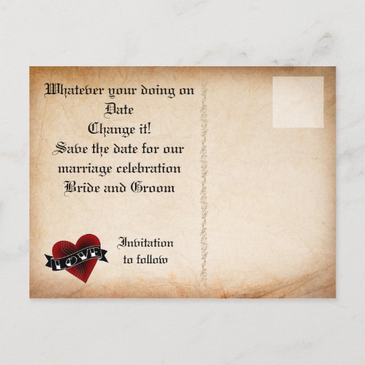 Tattoo Hart en Roos Save the Date Aankondigingskaart (Achterkant)