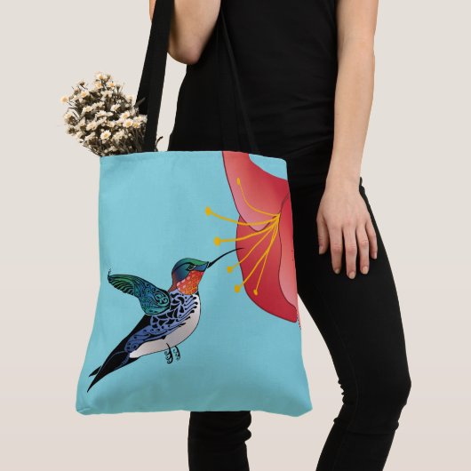 Tattoo Hummingbird and Red Flower Exotic Tote Bag (Dichtbij)