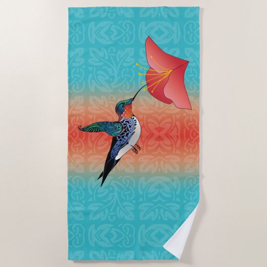 Tattoo Hummingbird Red hibiscus Flower Turquoise Strandlaken (Voorkant)
