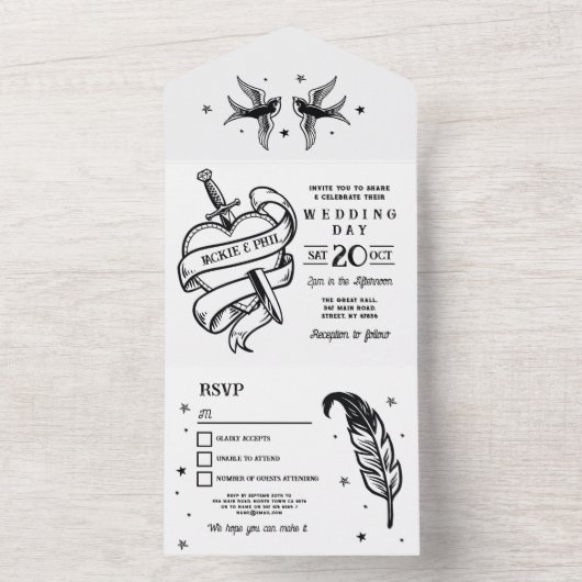 Tattoo Huwelijksuitnodiging & RSVP Heart Birds All In One Uitnodiging (Binnen)