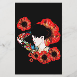 Tattoo inkt meisje onder papaverbloemen Kunst met Briefpapier