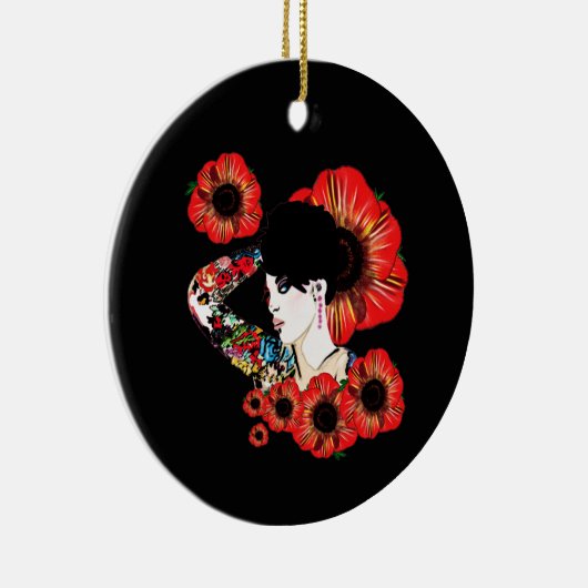 Tattoo inkt meisje onder papaverbloemen Kunst met  Keramisch Ornament (Rechts)