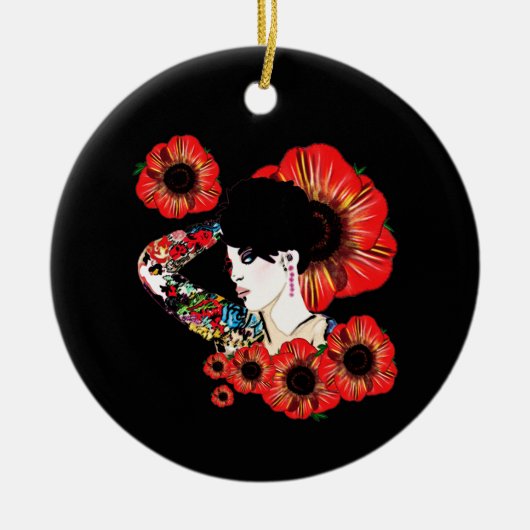 Tattoo inkt meisje onder papaverbloemen Kunst met  Keramisch Ornament (Voorkant)