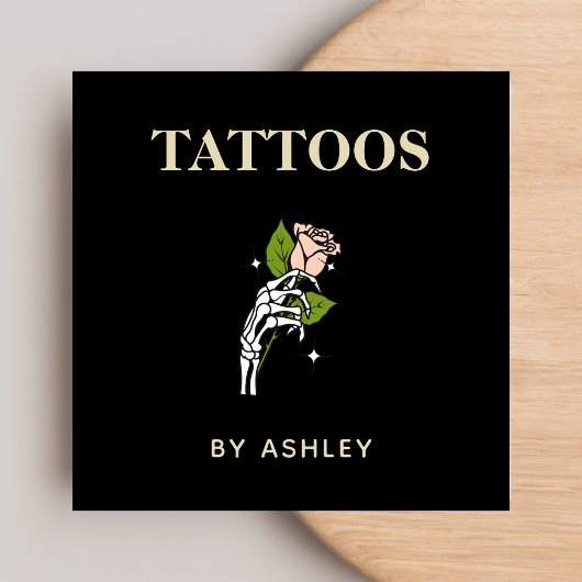 Tattoo kunstenaar Salon Tiger Skeleton Hand en Roo Vierkante Visitekaartje