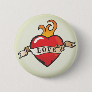 Tattoo Love Heart met vlammen en bannerknop Ronde Button 5,7 Cm