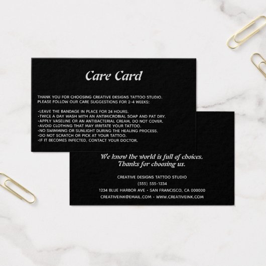 Tattoo Microblading Aftercare Instructies zwart Visitekaartje (Kantoor)