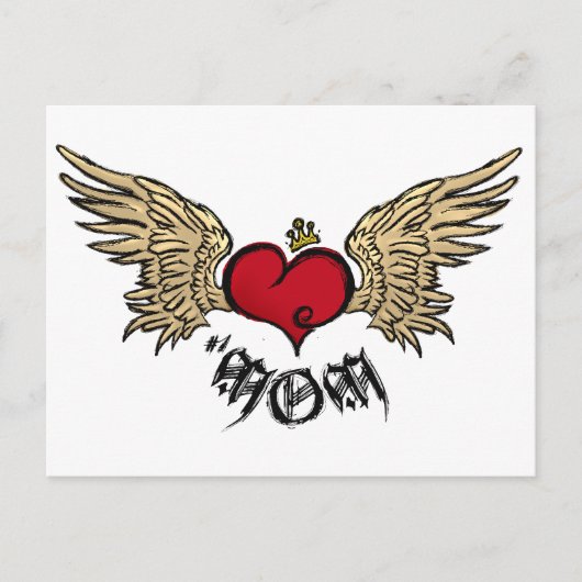 Tattoo MOM Urban Crowned Heart met Wings Briefkaart (Voorkant)