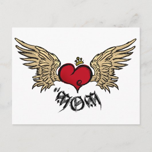 Tattoo MOM Urban Crowned Heart met Wings Briefkaart (Voorkant)