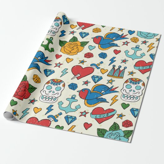 Tattoo naadloos patroon. cadeaupapier (Uitgerold)