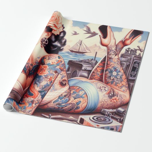  Tattoo Old School Meisje Cadeaupapier (Uitgerold)