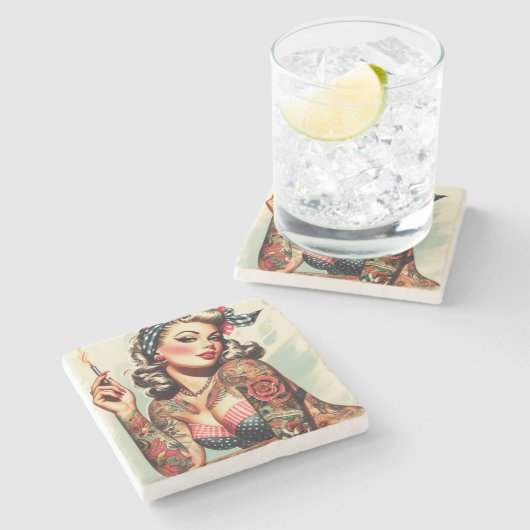  Tattoo Old School Pin-up Stenen Onderzetter (Zijkant)