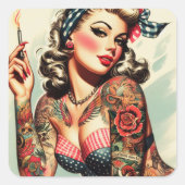  Tattoo Old School Pin-up Vierkante Sticker (Voorkant)