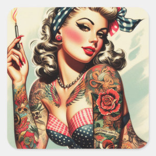  Tattoo Old School Pin-up Vierkante Sticker
