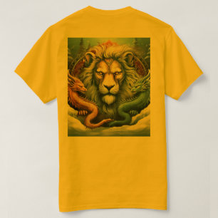 tattoo ontwerpt een leeuw en de draak boven de sne t-shirt