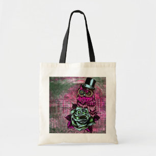 Tattoo opgerolde uil met bovenste hoed in roze en tote bag