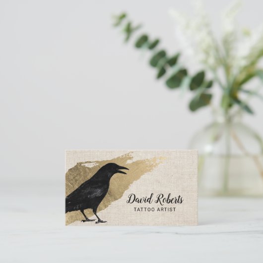 Tattoo & Piercing Black Crow Gold Stroke Elegant Visitekaartje (Staand voorkant)