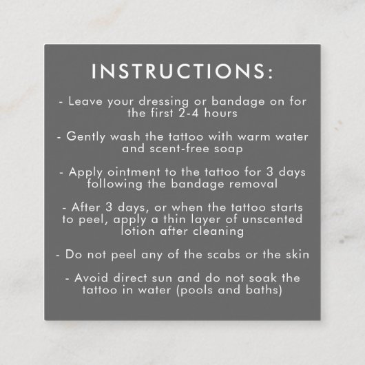 Tattoo Professional Photo Aftercare Instructions Vierkante Visitekaartje (Achterkant)