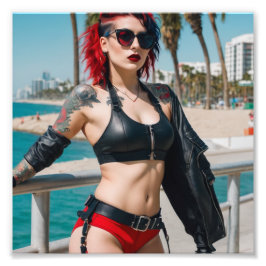 Tattoo Punk rood haar strand tinten badpak meisje Foto Afdruk