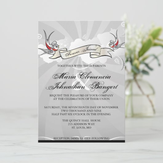 Tattoo Rockabilly Swallow Bird bruiloft uitnodigin Kaart (Staand voorkant)