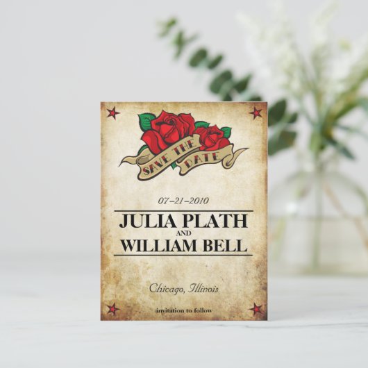 Tattoo Roos Bewaar de datum Aankondigingskaart (Staand voorkant)