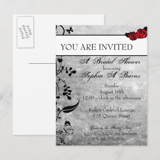 Tattoo Roos en Fluers Bridal Shower Invitation Uitnodiging Briefkaart (Voorkant / Achterkant)