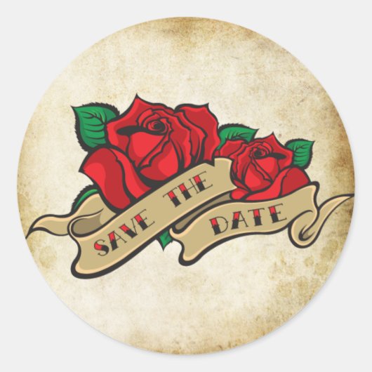 Tattoo Roos Rockabilly Bewaar de datum bruiloft ze Ronde Sticker (Voorkant)