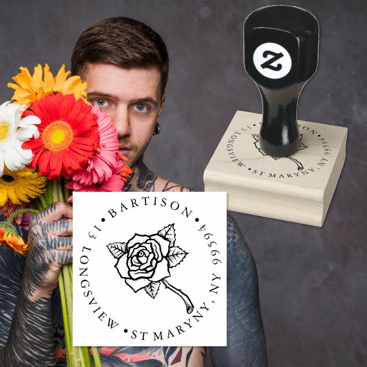 TATTOO ROOS RONDE RETOURADRES RUBBERSTEMPEL