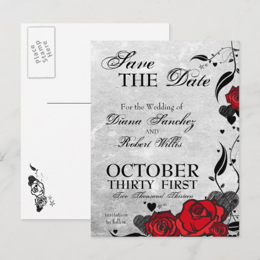 Tattoo Rozen en Harten Save the Date Aankondigingskaart (Voorkant / Achterkant)