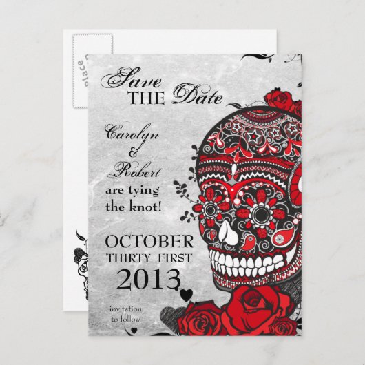 Tattoo Rozen en Sugar Skull Bewaar de datum Aankondigingskaart (Voorkant / Achterkant)