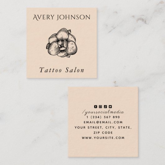 Tattoo Salon Elegant Drawn Flower & Social Media Vierkante Visitekaartje (Voorkant / Achterkant)