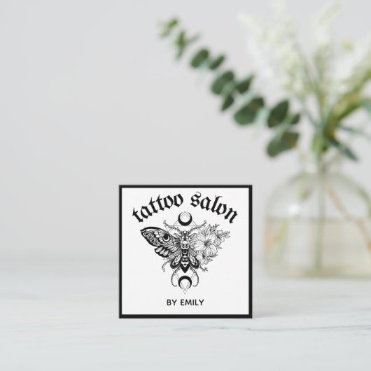 Tattoo Salon Vlindermot Zwart & Wit Vierkante Visitekaartje (Staand voorkant)