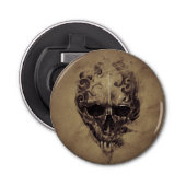 Tattoo schedel over  papier button flesopener (Voorkant)