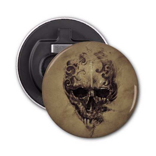 Tattoo schedel over  papier button flesopener (Voorkant)