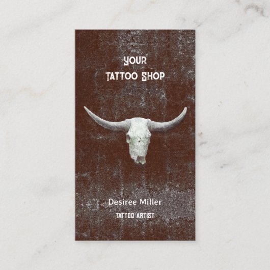 Tattoo Shop Bull Skull Rodeo Bruin Wit Western Visitekaartje (Voorkant)